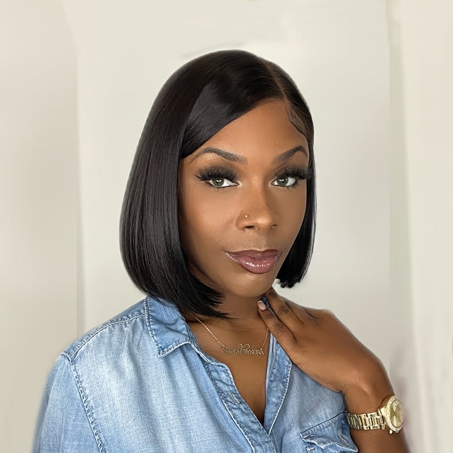 Glueless 13x4 Lace Frontal Wig Brazilian Human Hair Straight Bob Cut 150% Density Preplucked Natural Hairline & Bangs No Maintenance Elegant Wigs for Women All Ethnicities Every Occasion, Hair Wig, Versatile Hairpiece, Sleek